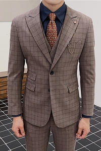 英伦修身男士二粒扣格子西服三件套新郎伴郎礼服套装SJT919-P300图片