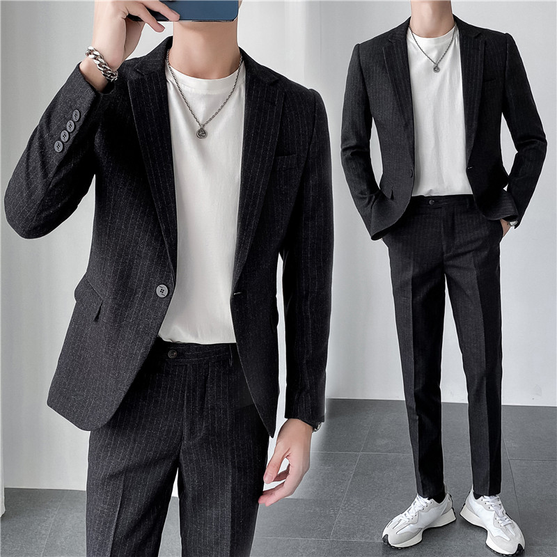 ins轻熟风韩版修身男士休闲条纹西服套装西装套装LJT903-P205,男装西服套装,电商C308