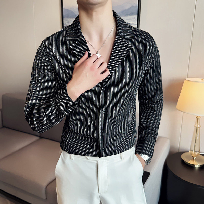 秋冬款古巴领英伦经典条纹单排扣男士长袖衬衫C13-P65,男装衬衫,电商C308