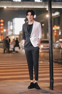 春夏新款 潮男修身拼色条纹中袖西服+九分西裤男士套装TZ121-P195图片