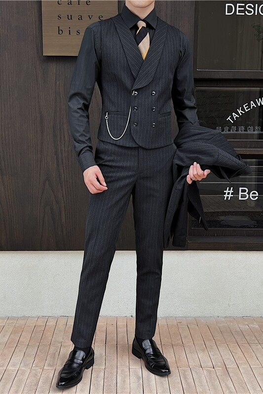 新郎婚礼伴郎服礼服马甲男士高级感双排扣条纹马甲MJ918-P70,男装背心/马甲,电商C308