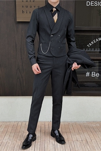 新郎婚礼伴郎服礼服马甲男士高级感双排扣条纹马甲MJ918-P70图片