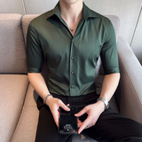 青年雅痞个性一字V领衬衫男中袖帅气修身休闲立领痞帅衬衣C01-P60，男装衬衫，电商C308