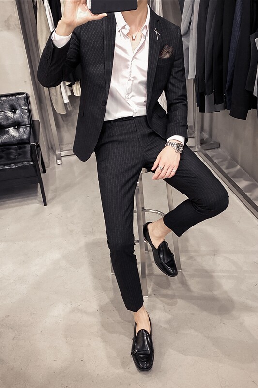 20秋冬款韩风修身时尚条纹休闲男士商务西服套装LJT903-P205,男装西服套装,电商C308