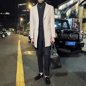 秋冬英伦韩版修身男士商务休闲中长款西服呢料外套米白色X35-P170，男装西服，电商C308