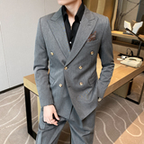痞帅高级感休闲双排扣纯色西服+英伦时尚九分西裤套装TZ02-P225，男装西服，电商C308