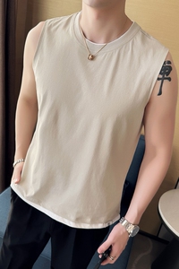夏季男士潮流纯色圆领T恤 英伦无袖假两件男士体恤黑色 B7702-P43图片