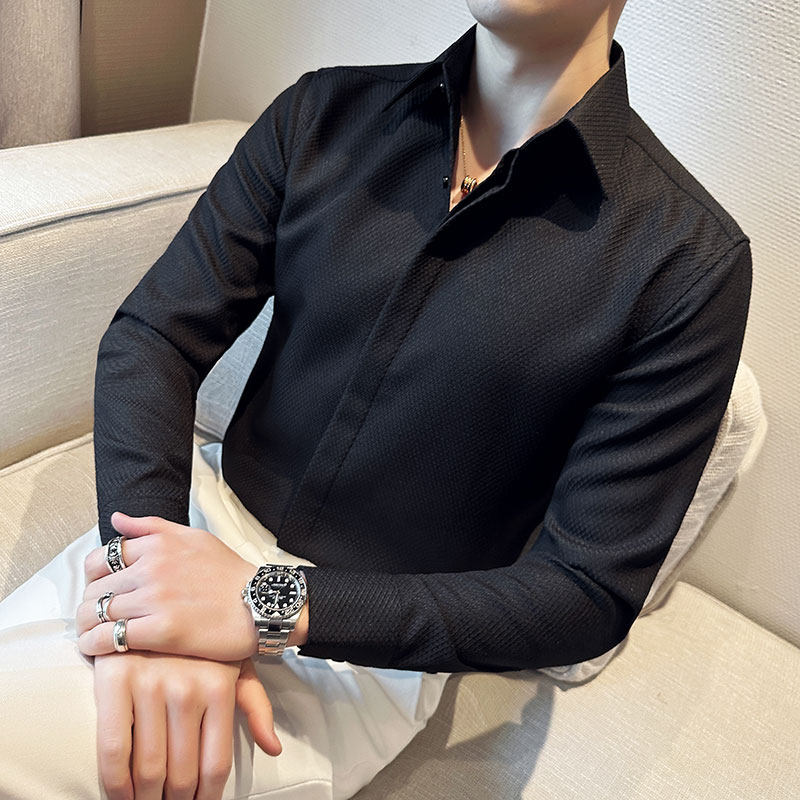 春季 华夫格大领衬衫男长袖薄款潮流帅气修身休闲衬衣XT38-P68图片