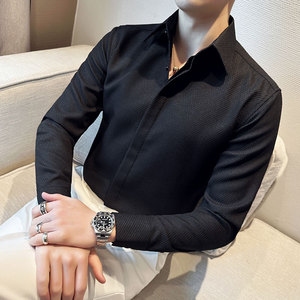 春季 华夫格大领衬衫男长袖薄款潮流帅气修身休闲衬衣XT38-P68图片