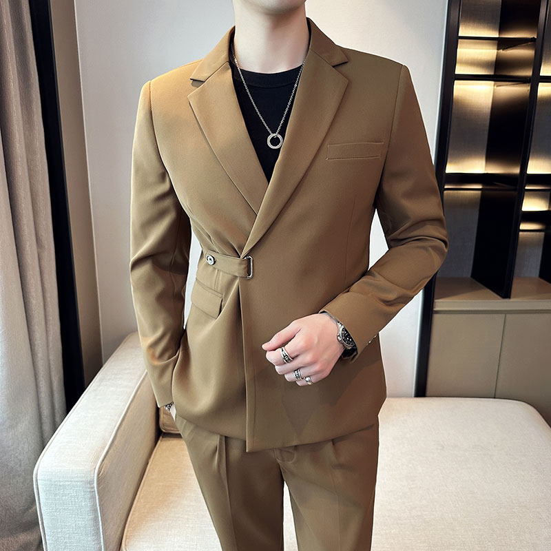 春季 英伦修身男士西装 韩版休闲斜扣西服外套咖啡色X908-P150图片