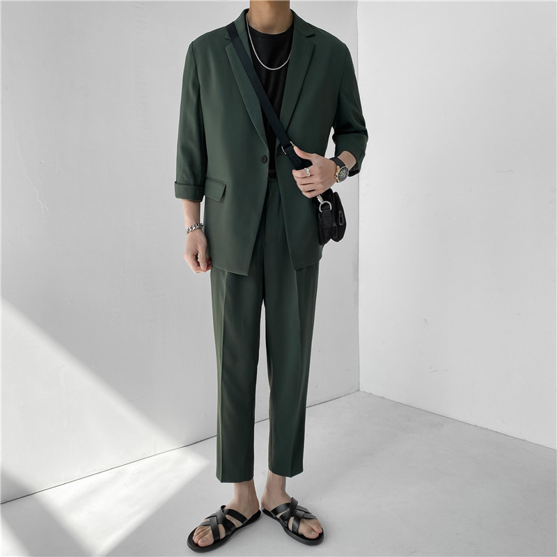 23春夏款轻熟风英伦纯色宽松中袖西服+阔版九分裤套装TZ15-P195，男装西服，电商C308
