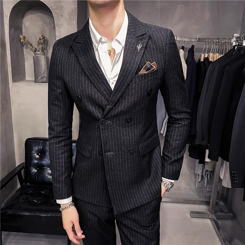 20秋冬款韩版修身双排扣条纹男士西服三件套SJT903A双排扣-P265,男装西服,电商C308