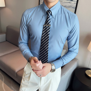 个性大领衬衫男长袖薄款潮流帅气修身休闲立领纯色绿衬衣C43-P68图片
