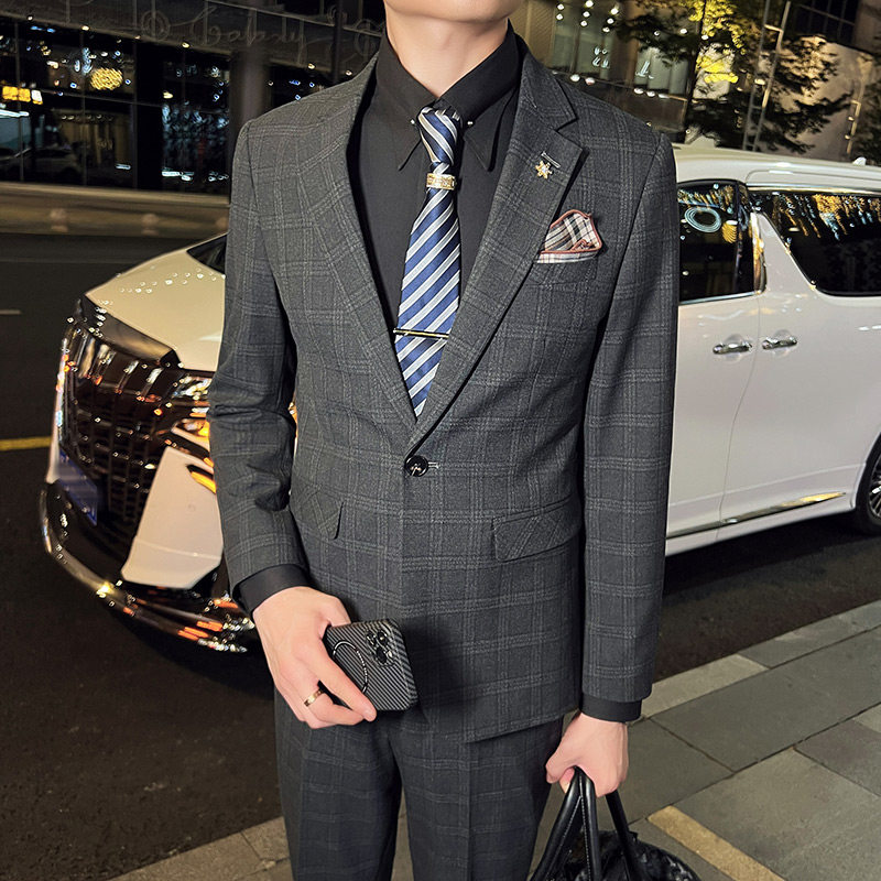 秋冬款英伦韩版修身男士商务休闲格子西服外套蓝色X30-P155,男装西服,电商C308