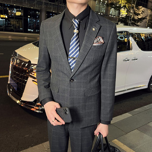 秋冬款 英伦韩版修身男士商务休闲格子西服外套蓝色X30-P155图片