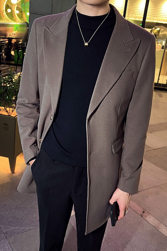 秋冬英伦韩版修身男士商务休闲中长款西服呢料外套深灰色X35-P170,男装西服,电商C308