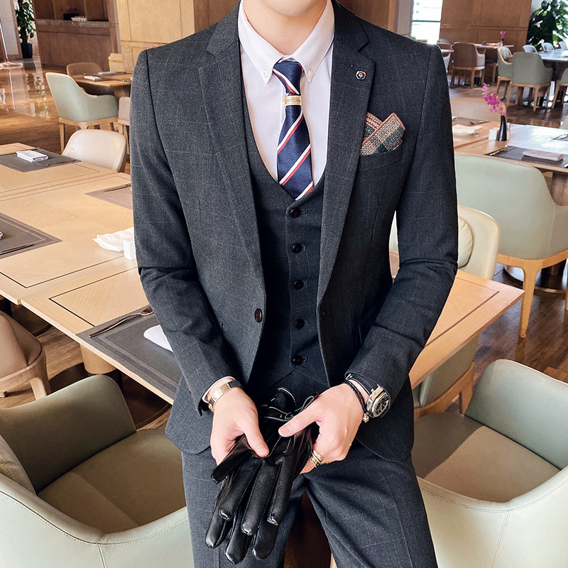 20秋冬款英伦韩风修身男士时尚休闲格子西服三件套SJT959-P295,男装西服,电商C308