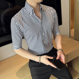 雅痞青年网红个性V领衬衫男中袖帅气修身休闲立领痞帅衬衣C09-P68，男装衬衫，电商C308