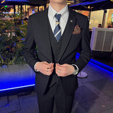韩版修身男士一粒扣条纹西服三件套新郎伴郎套装黑色SJT28-P280，男装西服，电商C308
