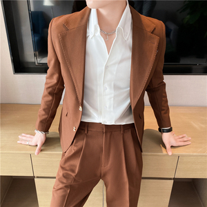 痞雅高级感休闲纯色二粒扣西服男+英伦时尚九分西裤套装TZ05-P225图片