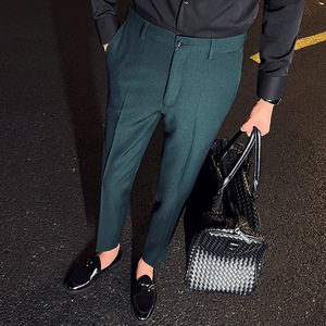 时尚免烫西裤男士韩版修身小脚裤商务休闲西裤长裤墨绿色K888-P75，男装西裤，电商C308