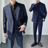 ins轻熟风韩版修身男士休闲双排扣条纹西服三件套装SJT903A-P265，男装西服，电商C308