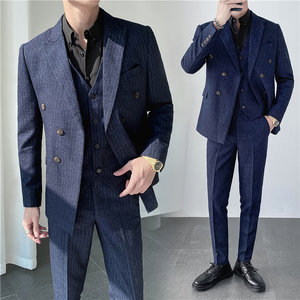 轻熟风ins韩版修身男士双排扣条纹西服三件套装 SJT903A-P265，男装西服，电商C308