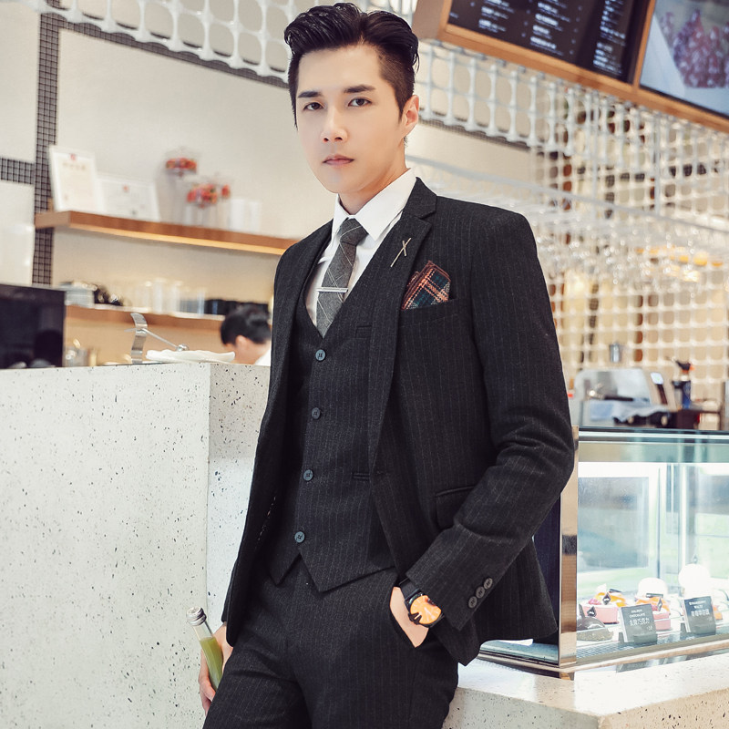 秋冬高品质韩版修身条纹男士西服三件套新郎西服套装SJT903-P265，男装西服套装，电商C308