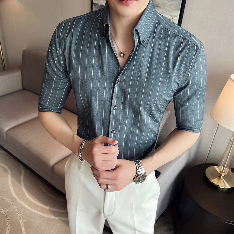 雅痞个性青年条纹V领衬衫男中袖帅气修身休闲立领痞帅衬衣C07-P68，男装衬衫，电商C308