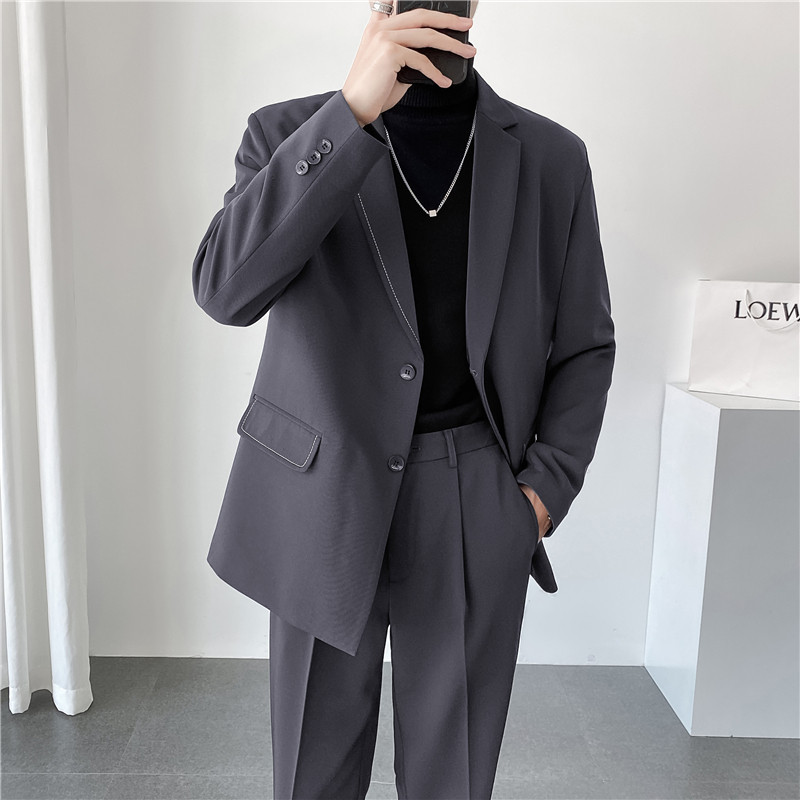 ins轻熟风英伦纯色西服阔版宽松休闲小西装外套X27压线-P150,男装西服套装,电商C308