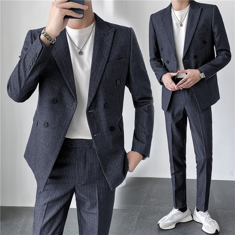 ins轻熟风韩版修身双排扣条纹男士西服套装LJT903A-P205，男装西服套装，电商C308