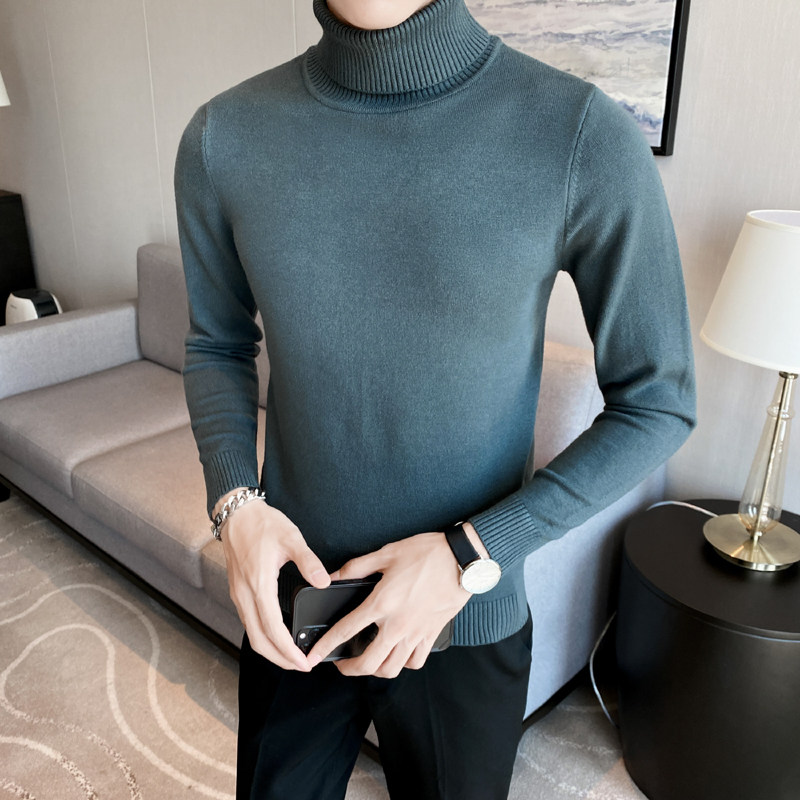 秋冬韩版高领修身打底衫翻领套头纯色针织衫毛衣潮男灰色MY2-P45，男装T恤，电商C308