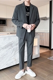 轻熟风英伦条纹微宽长袖西服九分西裤套装深灰色TZ14-P215，男装西服，电商C308