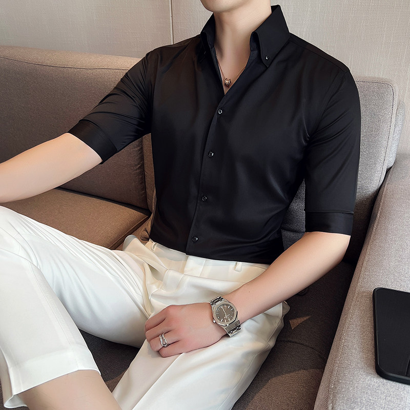 痞帅青年个性网红V领衬衫中袖帅气修身休闲立领痞雅衬衣男C02-P60，男装衬衫，电商C308