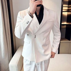 春季 英伦修身男士西装 韩版休闲斜扣西服外套白色X908-P150,男装西服,电商C308