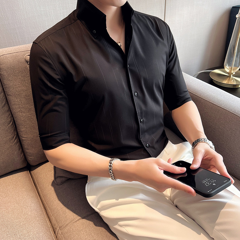 雅痞青年虚线个性V领衬衫中袖帅气修身休闲立领痞帅衬衣男C05-P68，男装衬衫，电商C308