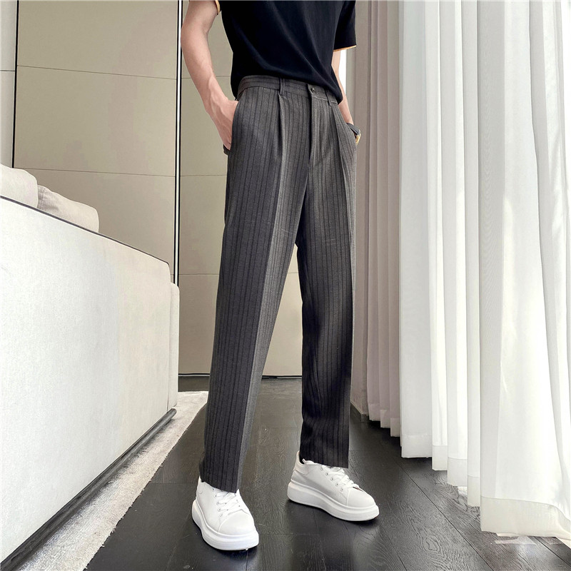 高质量男性轻熟风宽松时尚条纹休闲西裤阔版纯色直筒长裤K23-P75，男装西裤，电商C308