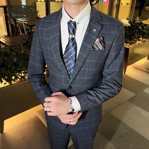 秋冬款 英伦韩版修身男士商务休闲格子西服外套蓝色X30-P155图片