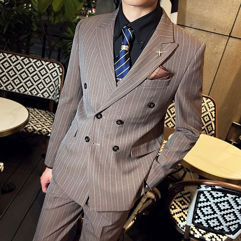 韩版修身男士双排扣条纹西服三件套新郎伴郎套装深灰色SJT29-P280,男装西服,电商C308