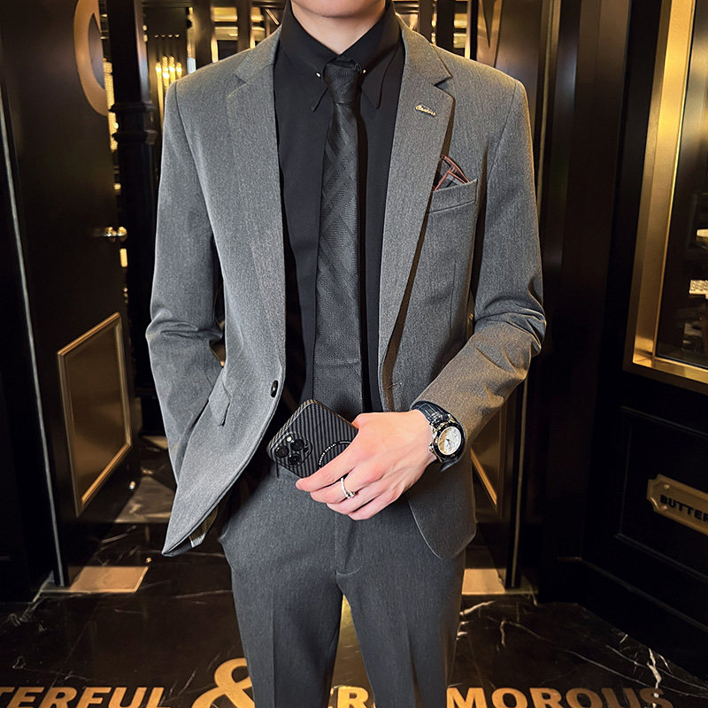 秋冬款英伦韩版修身男士休闲商务西服套装中灰色LJT830-P205，男装西服套装，电商C308