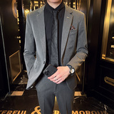 秋冬款英伦韩版修身男士休闲商务西服套装中灰色LJT830-P205，男装西服套装，电商C308