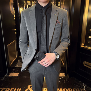 秋冬款 英伦韩版修身男士休闲商务西服套装中灰色LJT830-P205，男装西服套装，电商C308