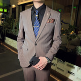 韩版修身男士一粒扣条纹西服二件套新郎伴郎套装黑色LJT28-P220，男装西服，电商C308