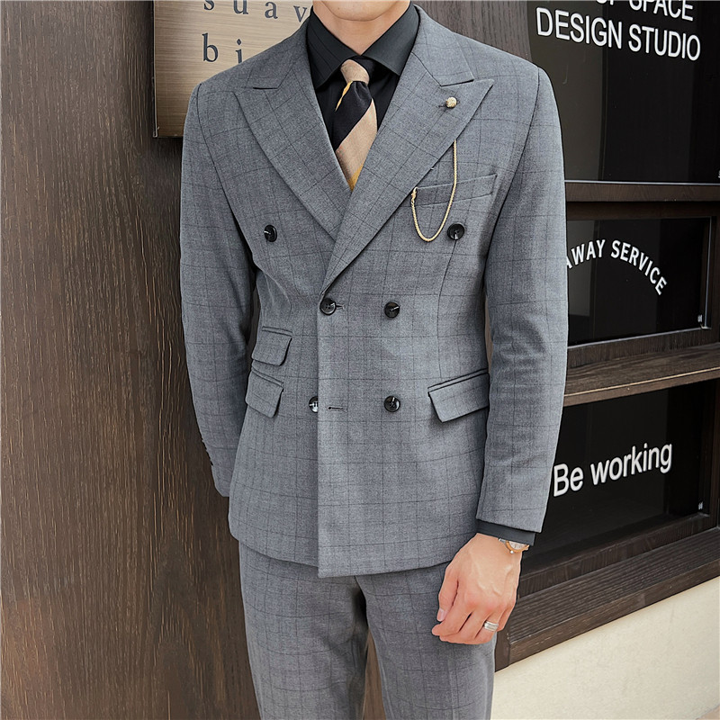英伦修身男士双排扣格子西服新郎伴郎礼服外套X920-P155,男装西服,电商C308