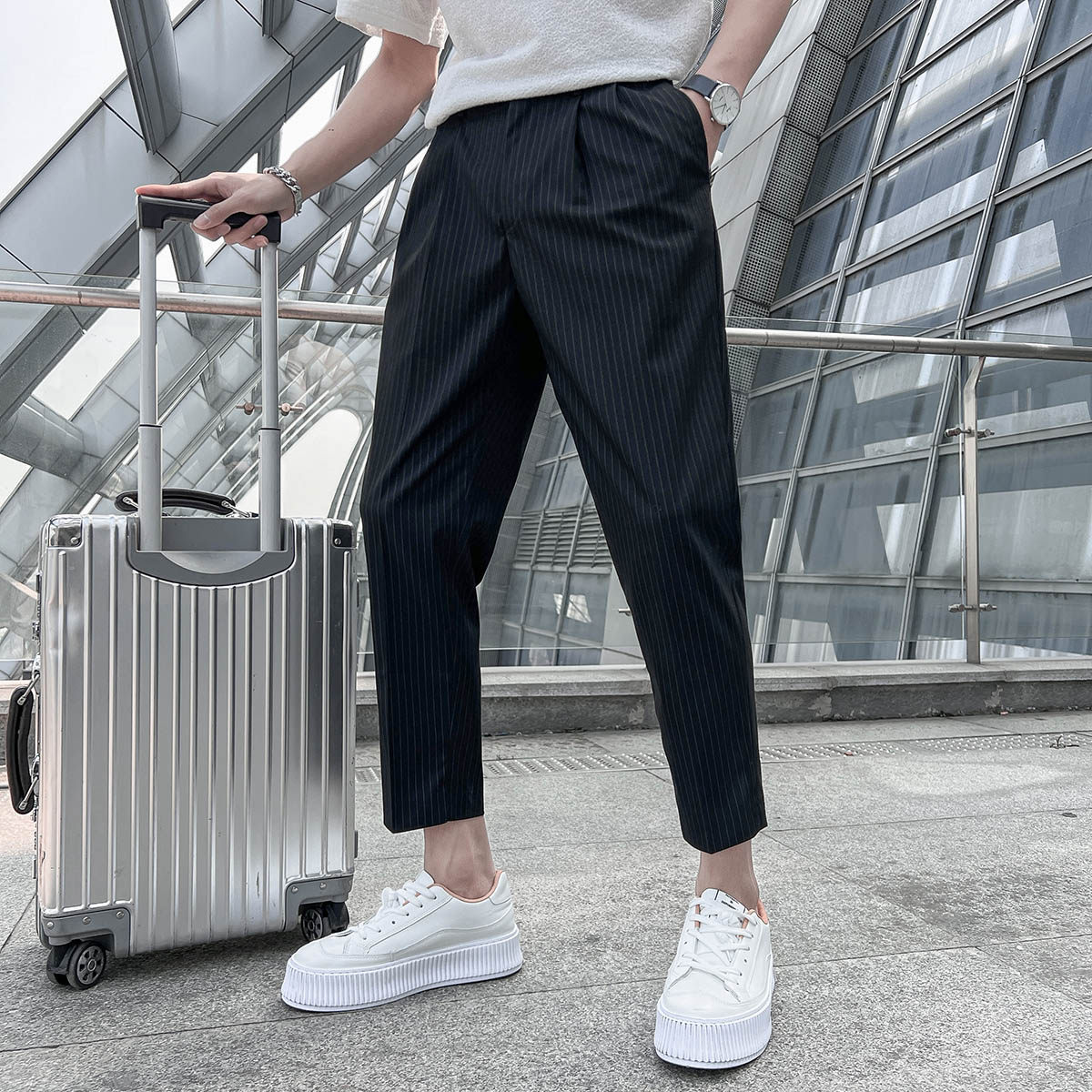 22春夏轻熟风微宽时尚休闲裤阔版条纹小脚九分西裤K13-P65，男装西裤，电商C308