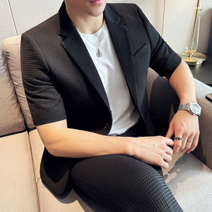 春夏款 纯色休闲男士时尚华夫格中袖西服九分西裤套装LJT931-P195图片