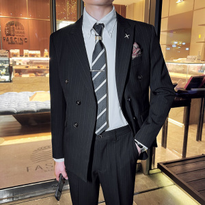 英伦韩版修身男士商务休闲条纹双排扣西服外套黑色X29-P150图片