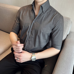 雅痞个性青年格子V领衬衫中袖帅气修身休闲立领痞帅衬衣男C04-P68,富贵雅素服装搭配图片