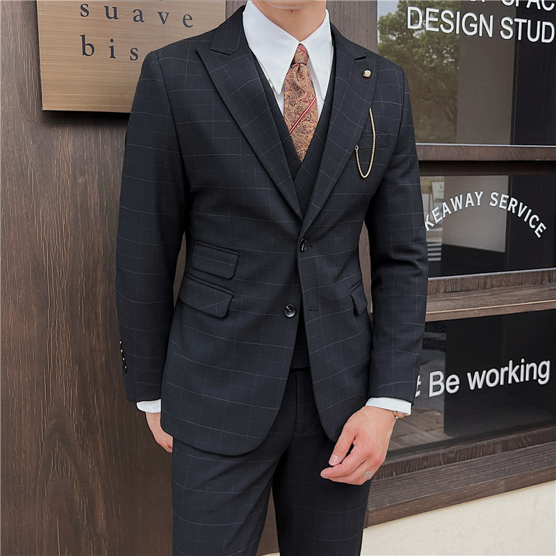 英伦修身男士二粒扣格子西服三件套新郎伴郎礼服套装SJT919-P300,男装西服,电商C308