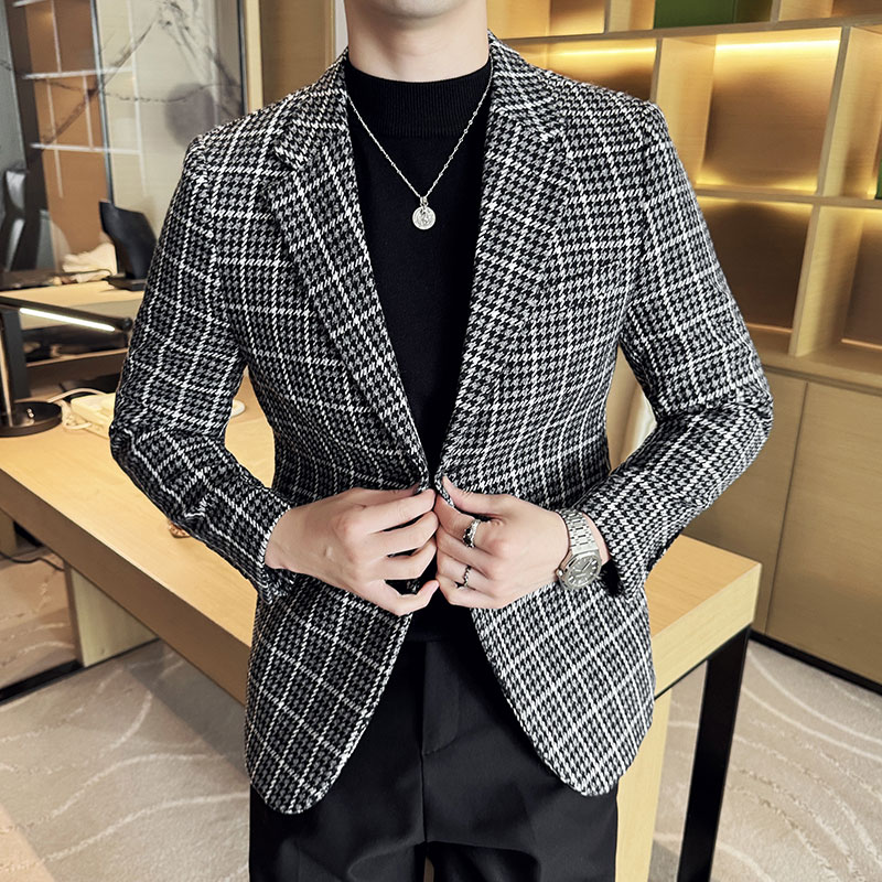 英伦韩版修身男士休闲毛呢格子西服加厚外套X930-P155图片